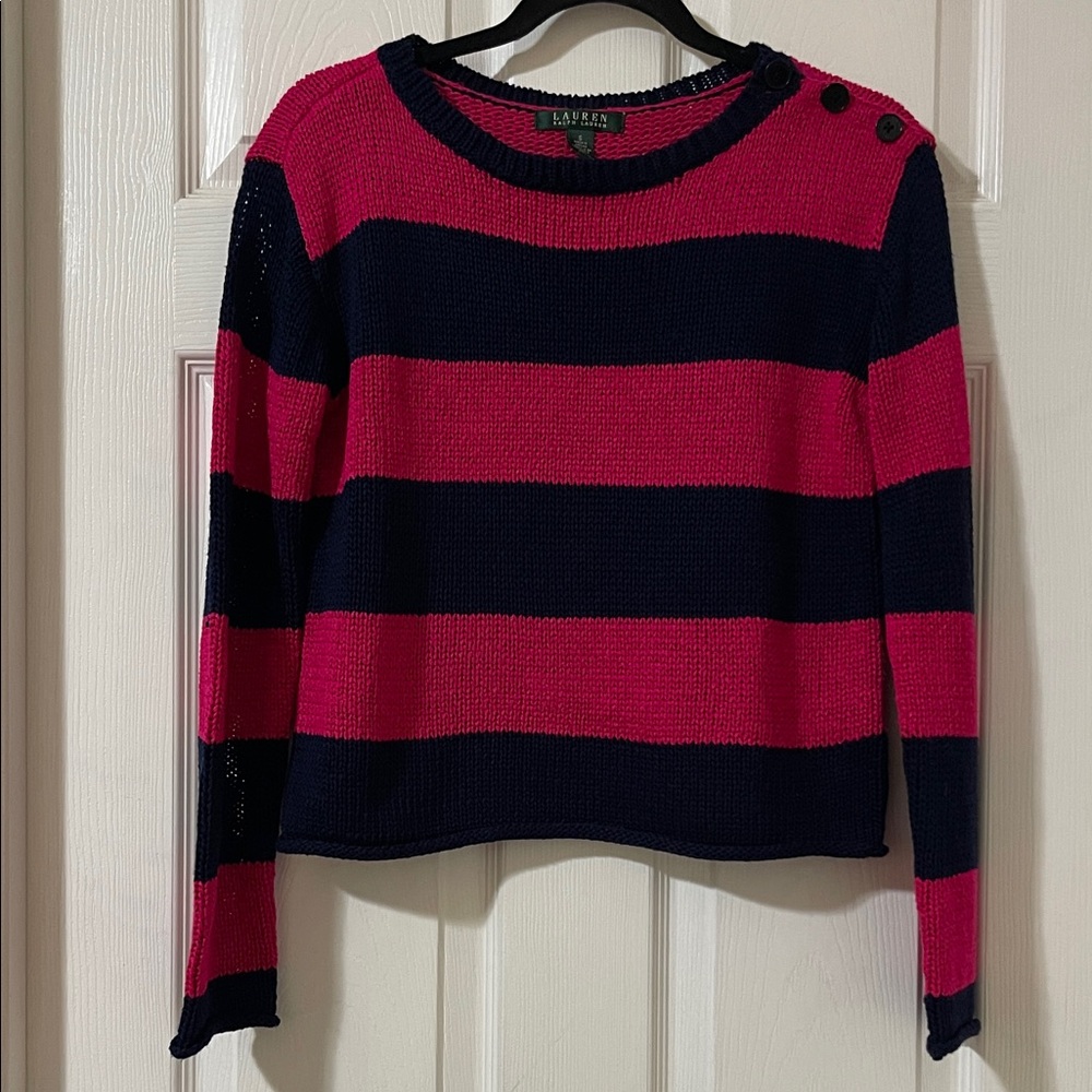 Ralph Lauren Bold Pink and Navy Striped Knit Sweater